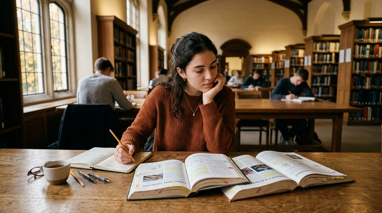 College student at a library desk reviewing two open textbooks side by side, weighing choices between subjects