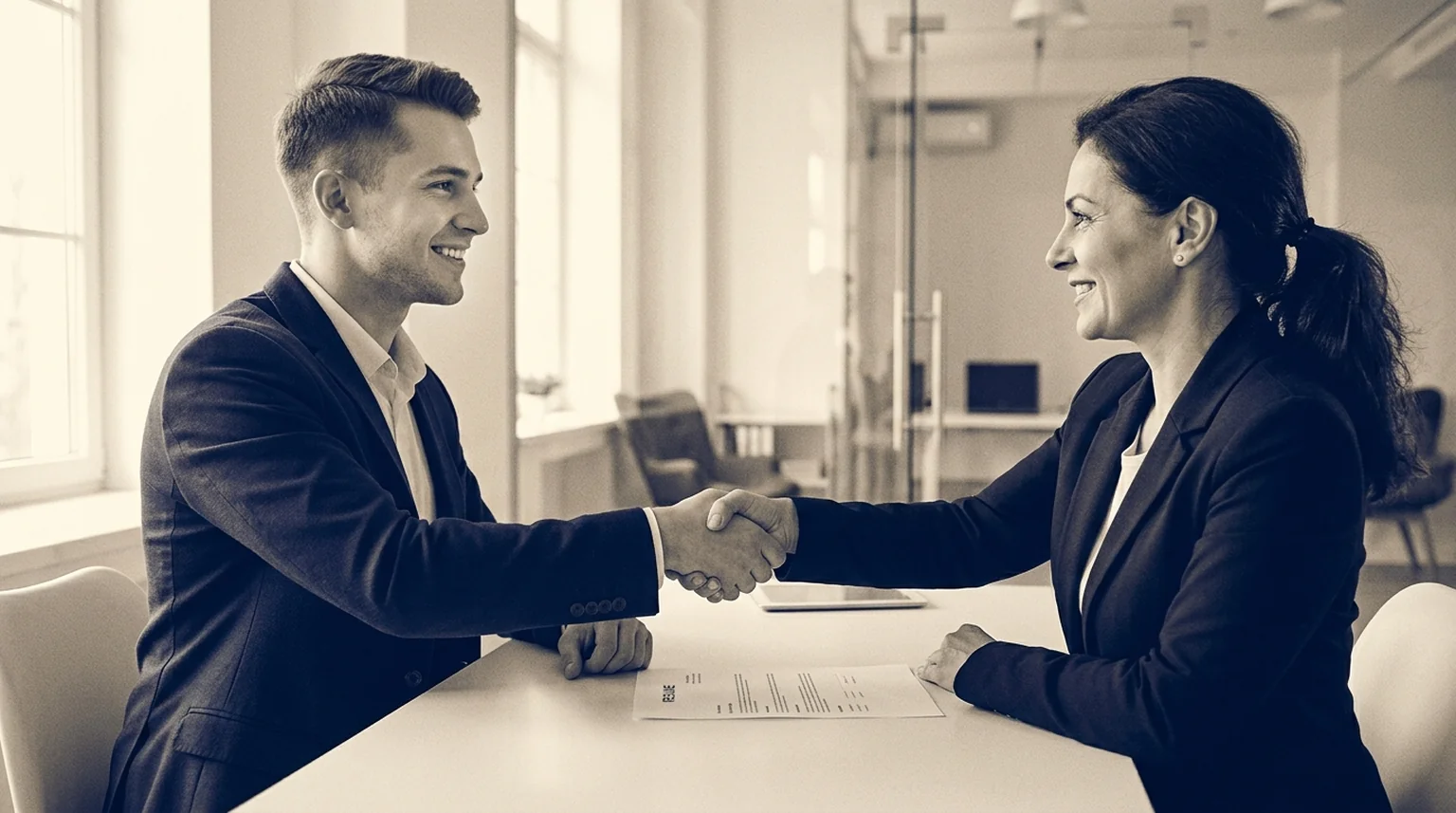 Recent college graduate in business attire shaking hands with an interviewer across a desk