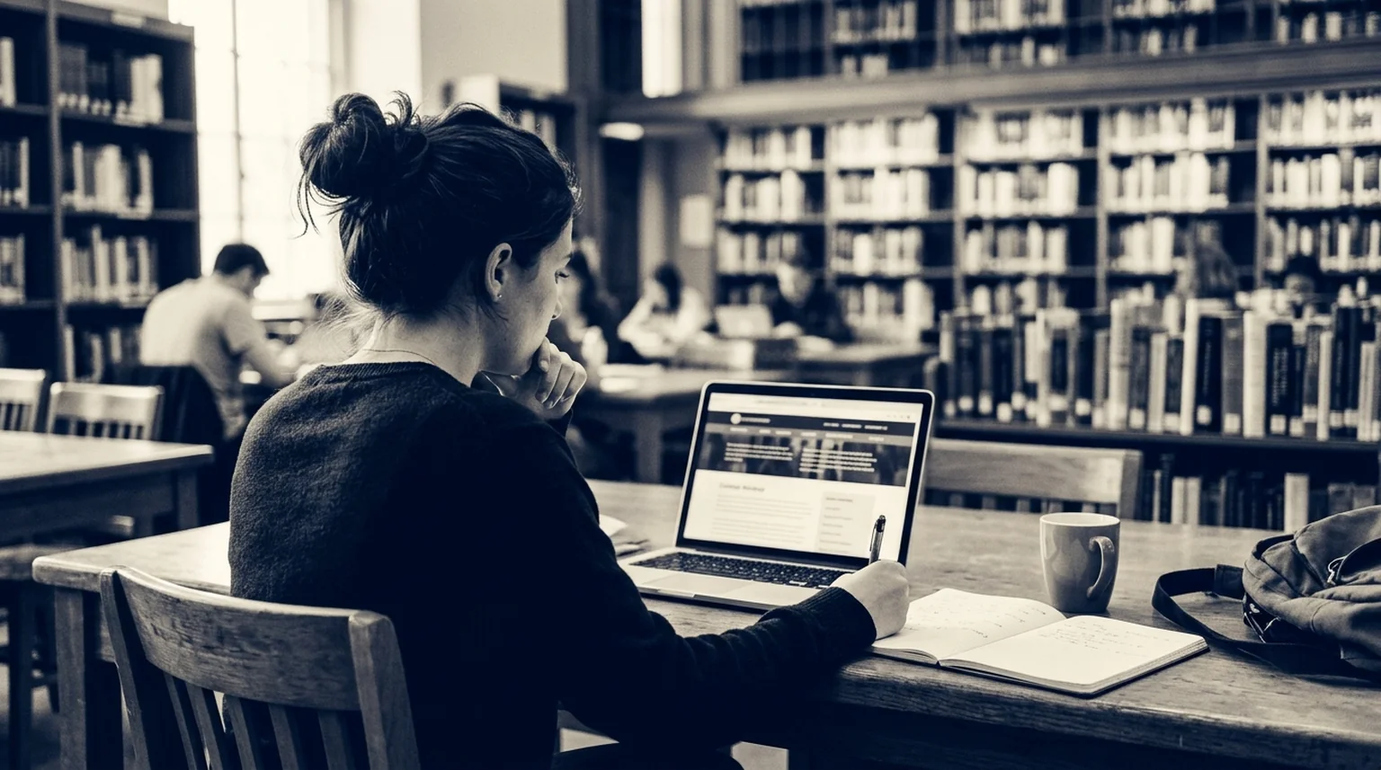 Student looking at a laptop screen with a college website open, notebook beside it